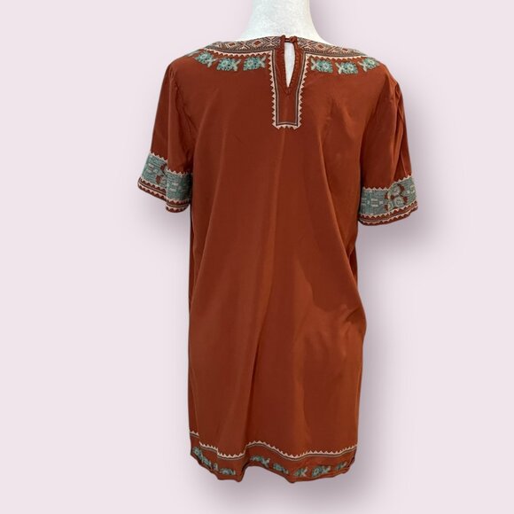MUR MUR Anthropologie Rust Embroidered Boho Tunic M Rayon Festival Ethnic Folk - Picture 3 of 11